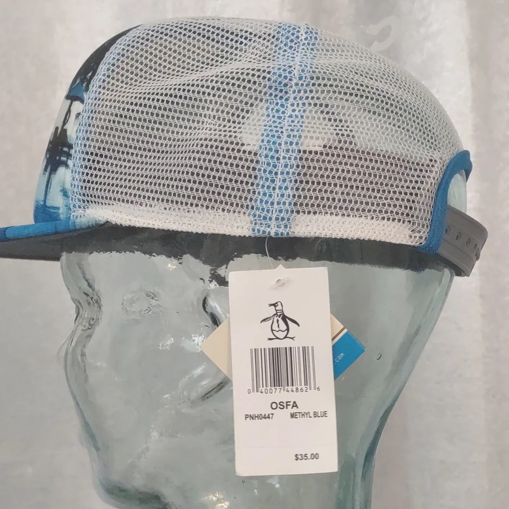 Penguin Palm trees Poolside Graphic Baseball Cap Mesh Trucker Blue Hat Resort - Picture 3 of 12